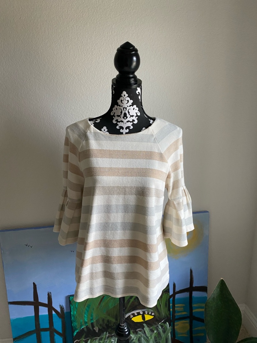 Maeve Cream and Beige Striped Bell-Sleeve Top